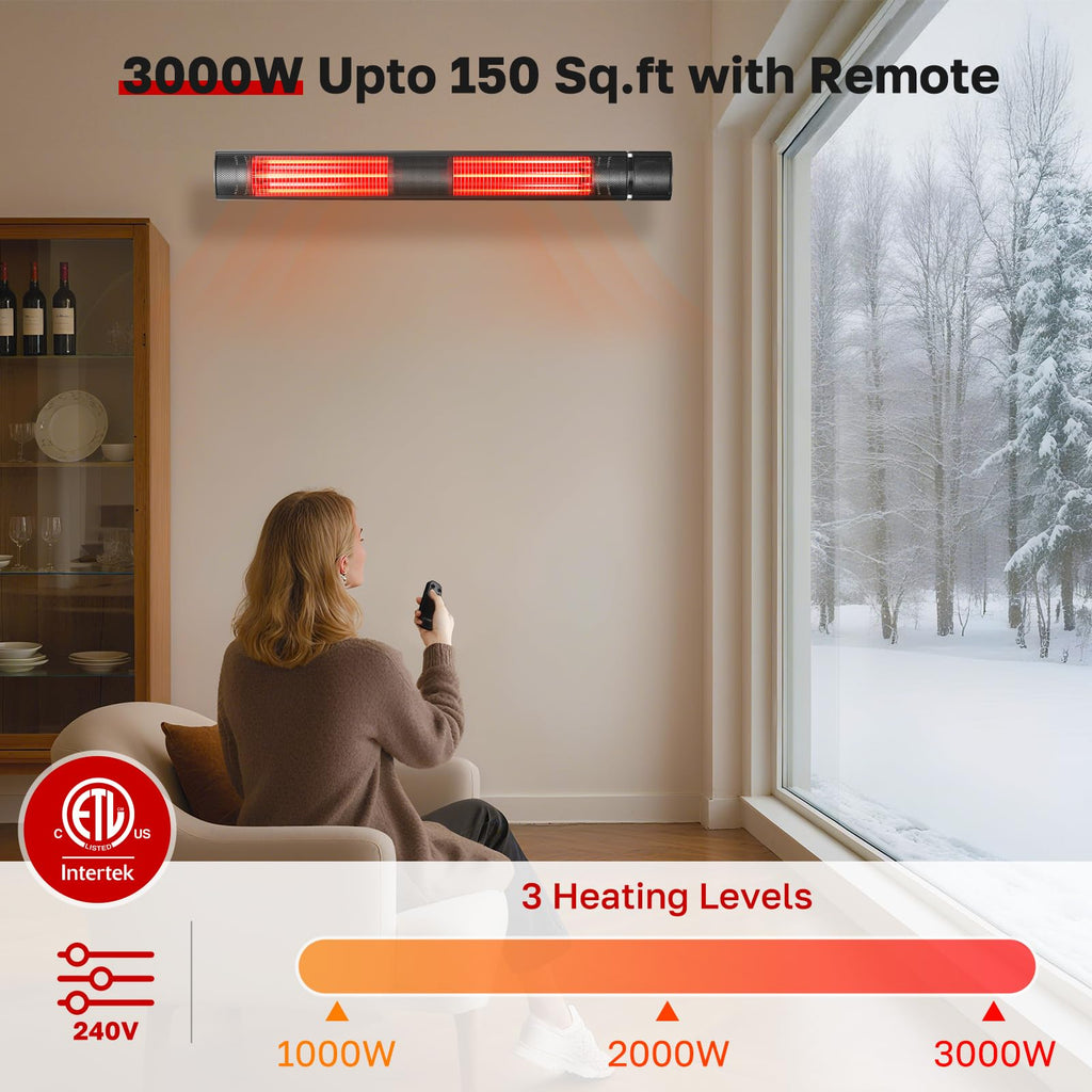 Infrared Heater, Outdoor Heater, Garage, Restaurant, 3000W Carbon Fiber 240V with Remote, ETL Certified Black