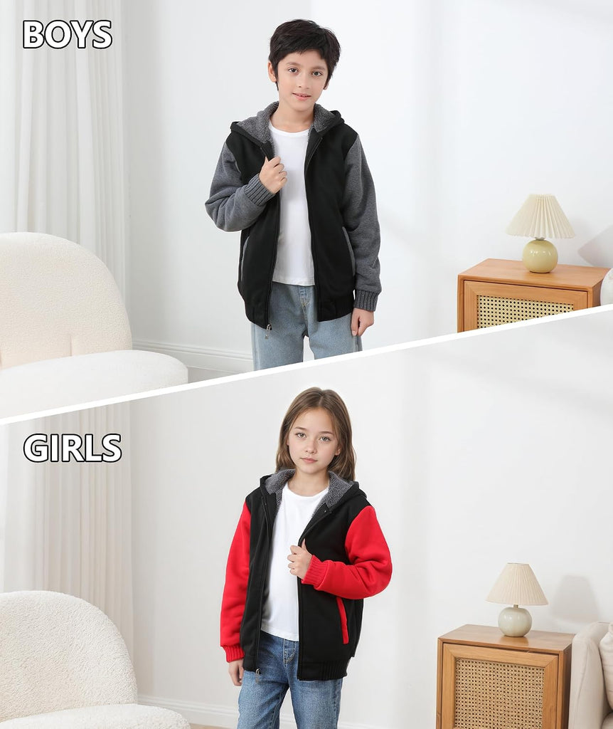 Boys Hoodie Zip Up Fleece Lined Jacket Kids Warm Sherpa Hooded Sweatshirts