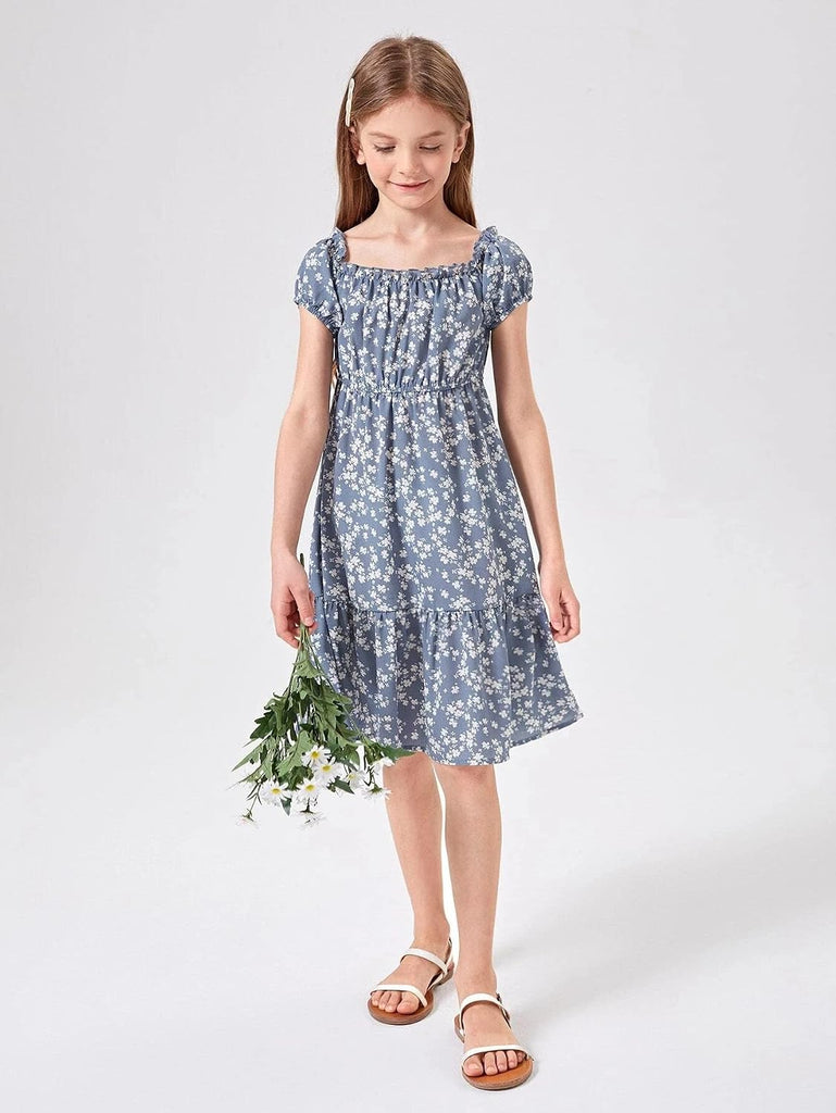 Summer Dress Kids Floral Puff Sleeve Smocked Midi Dresses