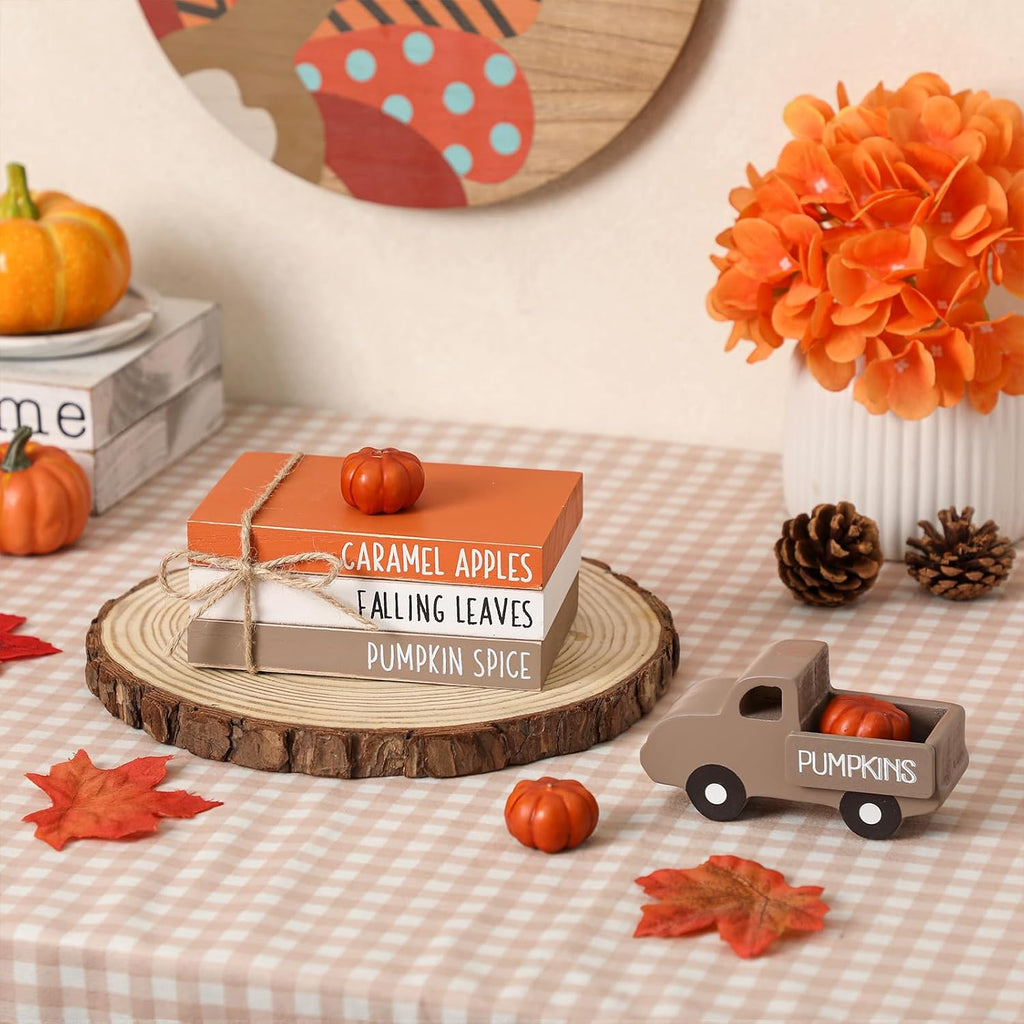 Fall Table Decor Tiered Tray Decor, Wooden Fall Signs with Book Stack - Set of 4