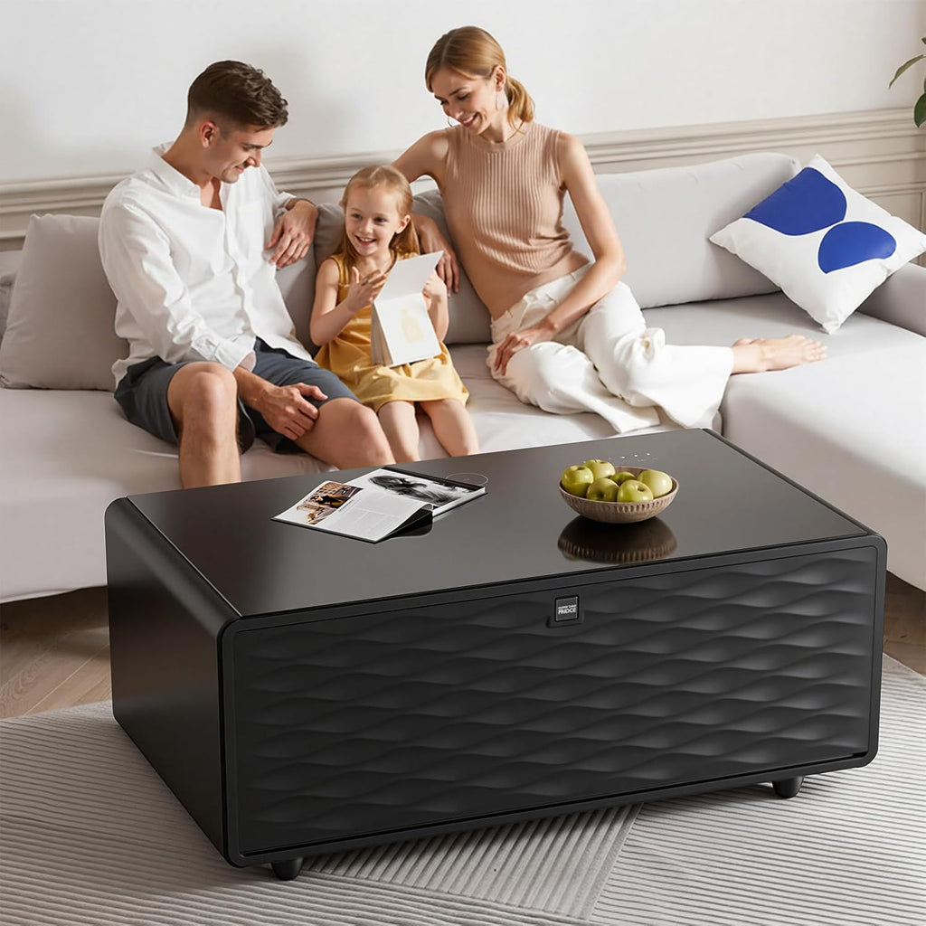 Smart Coffee Table with Refrigerator and Freezer Drawers - Wireless Charging, Bluetooth Speakers, LED - Black