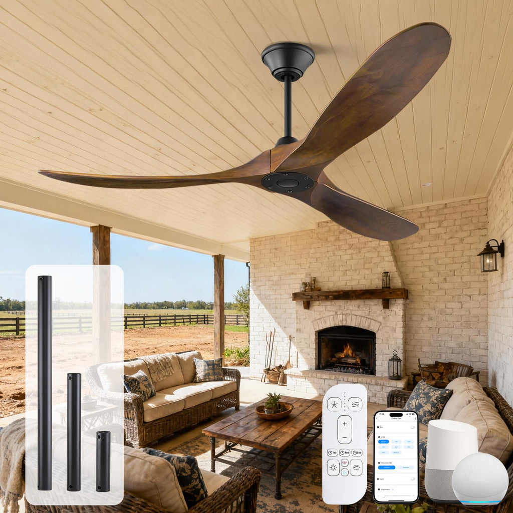 60 Inch Outdoor Ceiling Fan without Light with Smart Control, Large 3 Blade Propeller Wood Ceiling Fans s, Farmhouse
