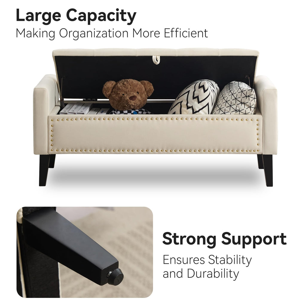 47" Velvet Storage Bench, Upholstered Bed Bench with Storage, End of Bed Ottoman with Wooden Legs, Bedside Storage
