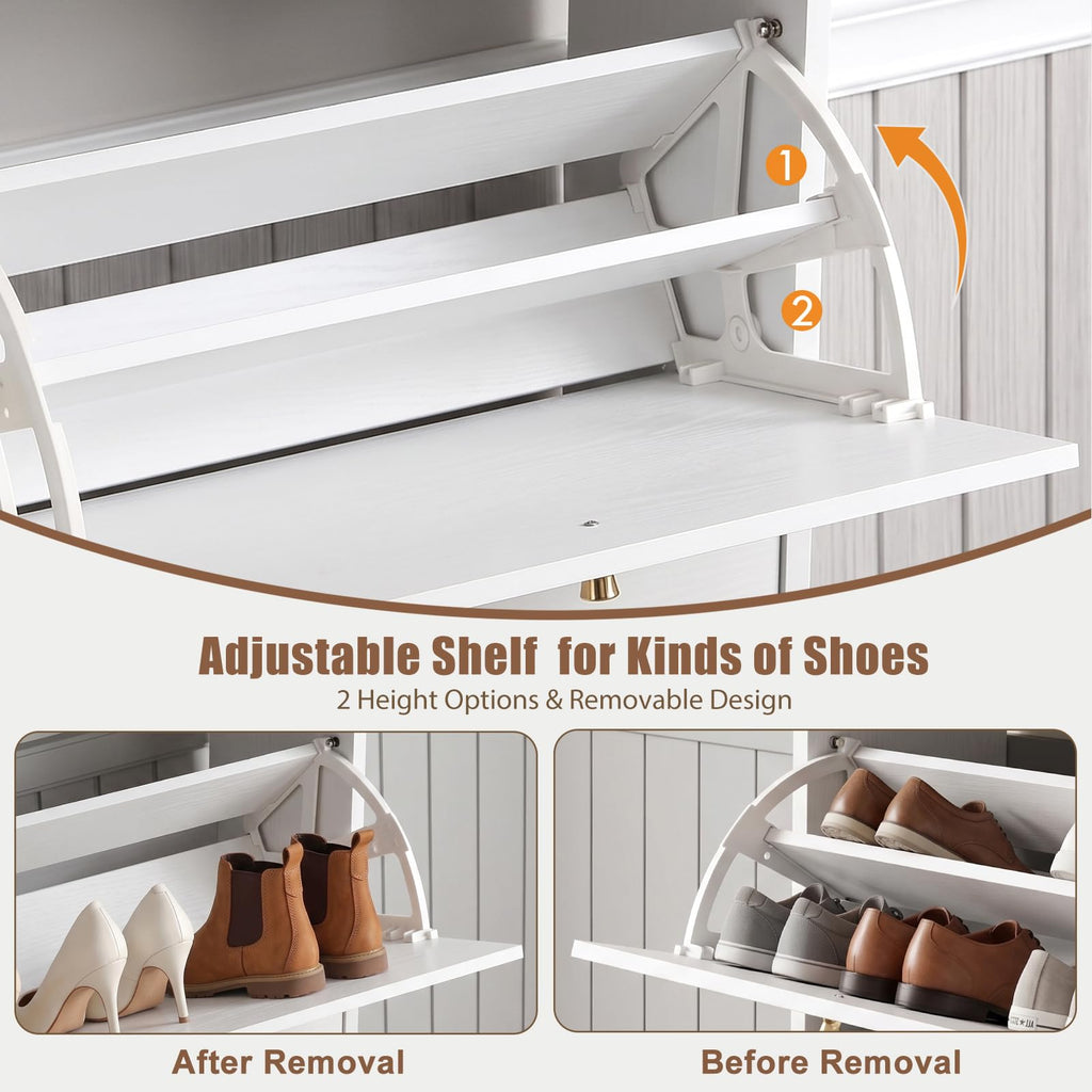 Shoe Cabinet, 4 Flip Drawers Slim White with Walnut Top Entryway