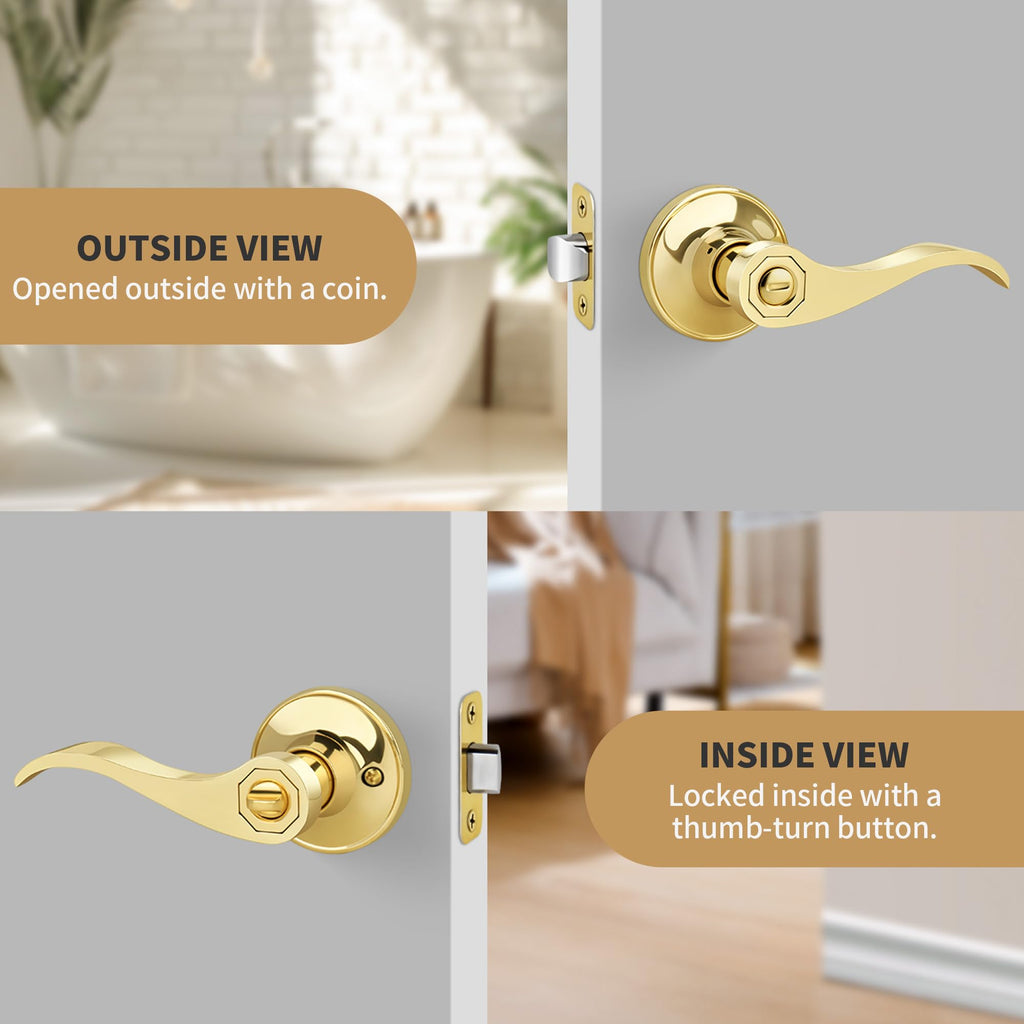 Wave Style Privacy Door Handle with Privacy Lock, Keyless Door Lever /Bedroom in Polished Brass Finish, No Key