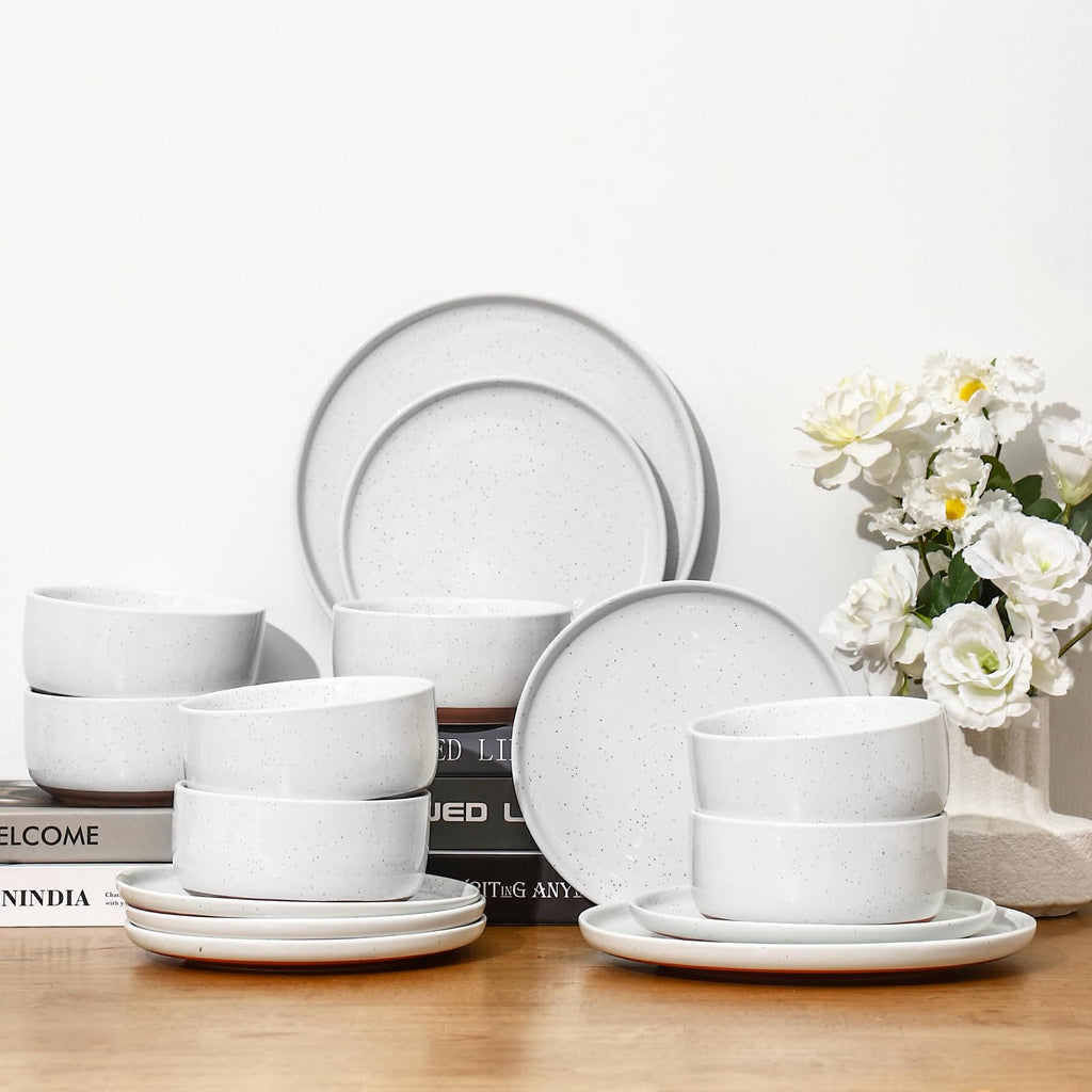 Modern Art Series 24 Pcs Speckled Stoneware Dinnerware Set, White