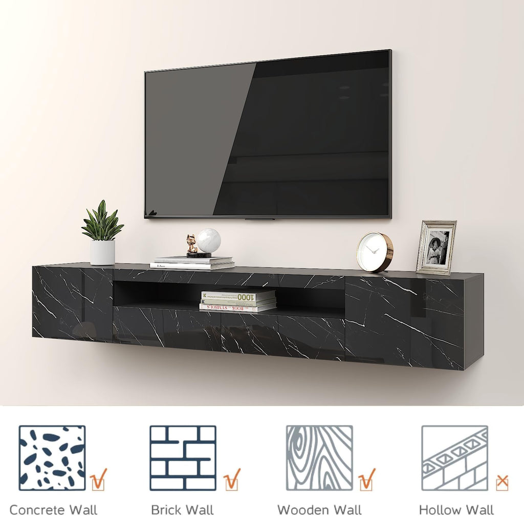 Floating TV Stand for 55 65 70 75 78 85 inch TV, Entertainment Center with LED Light and Storage Cabinet High Gloss