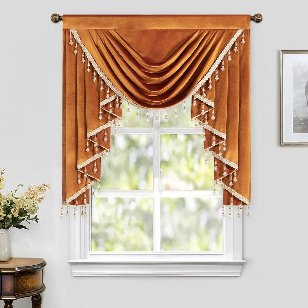 Soft Touch Velvet Waterfall Valances for Windows, Orange Christmas Swag Valances for Decorations, Window Curtains