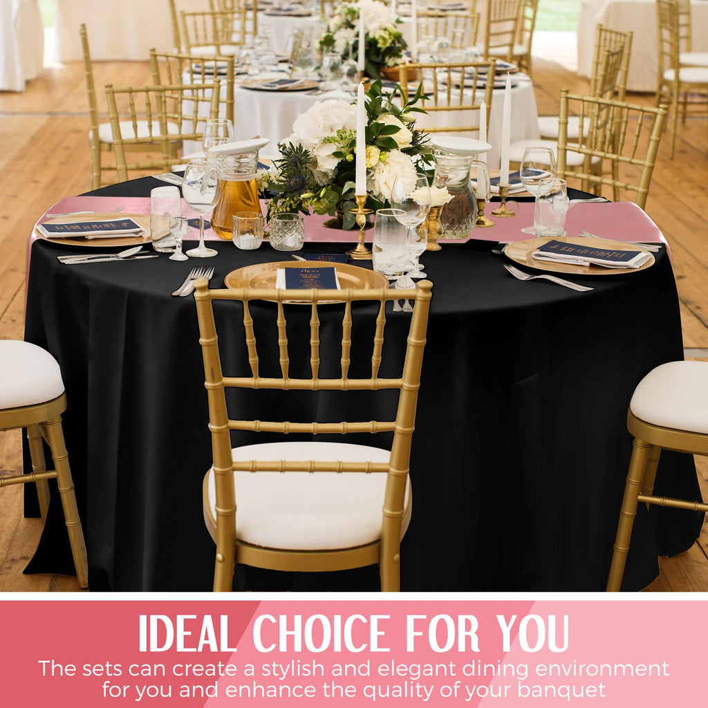 8 Pcs Black and Rose Gold Round Tablecloth and Satin Runner Set