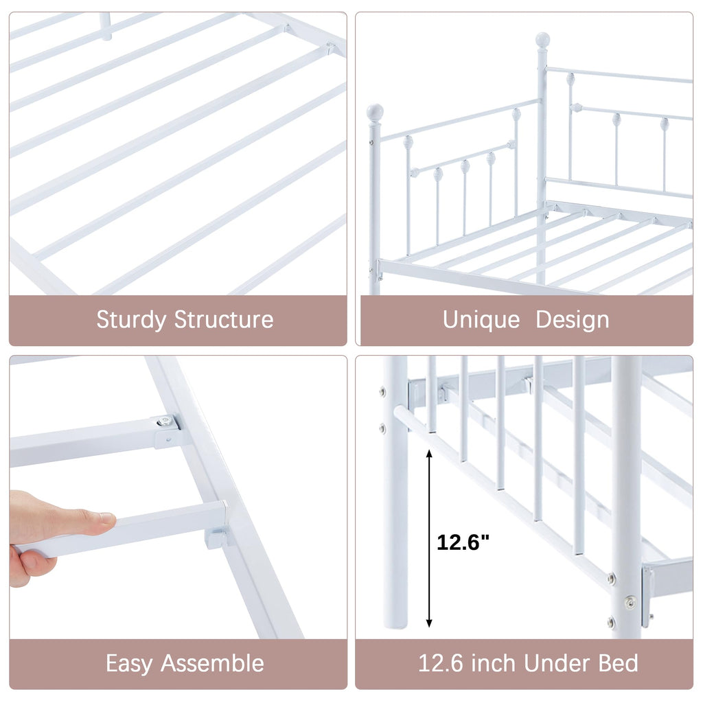 Twin Size Daybed Frame Metal Steel Slat Support with Headboard Sofa Bed Platform, Guest Room, Easy Assembly, White