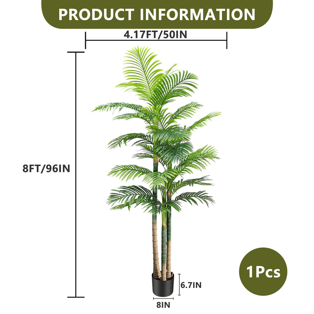 8FT Tall Artificial Golden Cane Palm Tree - Green Large Tropical Fake Palm Tree in Pot for Indoor/Outdoor, Patio