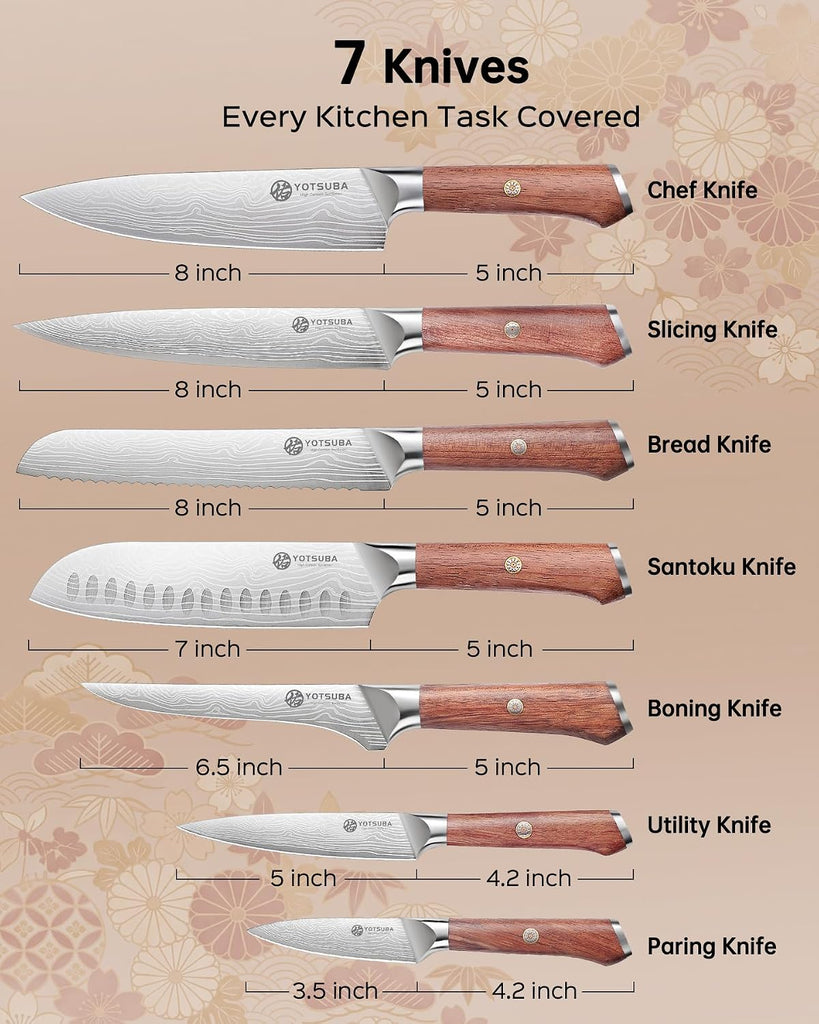 7PCS Japanese Kitchen Knife Set with Genuine Natural Rosewood Ergonomic Handle & Gift Box, Professional Ultra Sharp