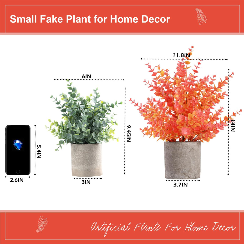 2 Pack Small Fake Plants Eucalyptus Potted, Fall Orange Large