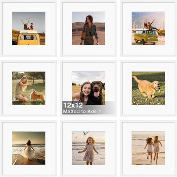 12x12 Frame Set of 9, 12 by 12 Square Picture Frames with Plexiglass for Picture 8x8 with Mat or 12x12 without Mat