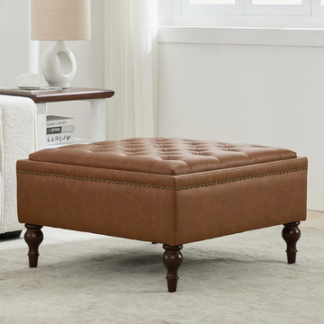 Square Ottoman Coffee Table, Large Leather Ottoman with Storage | Oversized Footstool, Anti-Slip Embedded Lid, Brass