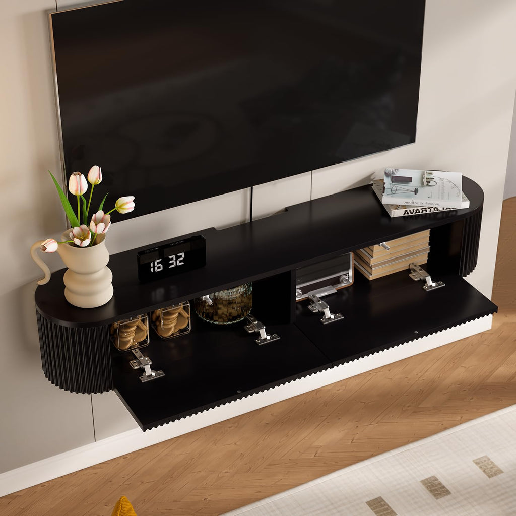 Fully Assembled 47 Inch Floating TV Stand with 2 Flip-Down Doors, Matte Black Wall Mounted Media Console, Modern