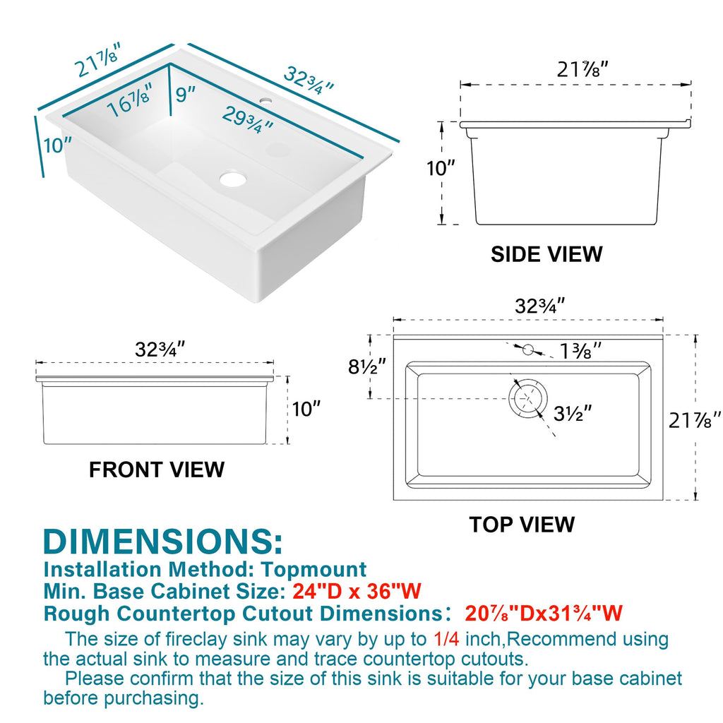 33" x 22" Drop In Fireclay Workstation Kitchen Sink White 1 Hole