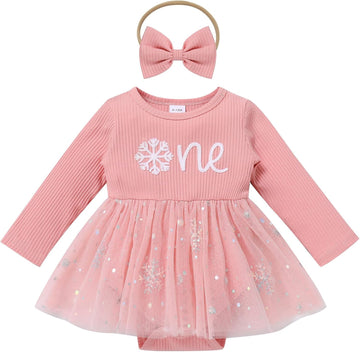 Baby Girl 1st Birthday Outfit Fall Pumpkin Winter Snowflake One Romper Sparkle Dress Headband Cake Smash Photo