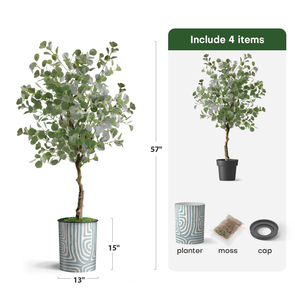 Artificial Tree in Geometric Pattern Planter, Fake Eucalyptus Silk Tree for Indoor and Outdoor Home Decoration - 57"