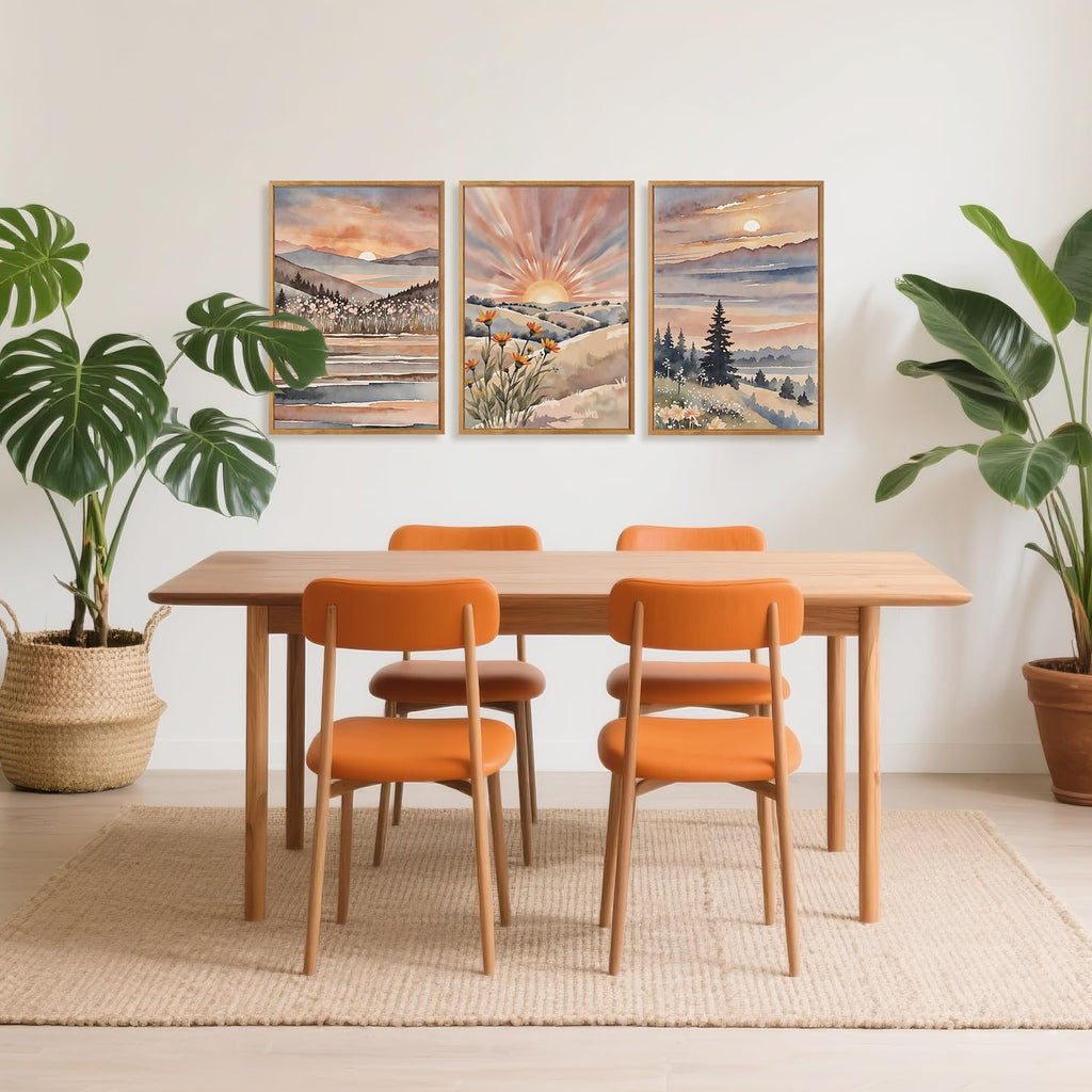 Boho Sun Canvas Wall Art Set, Sunrise and Sunset Mountain Wall Decor, Watercolor Mountains Landscape Art Prints