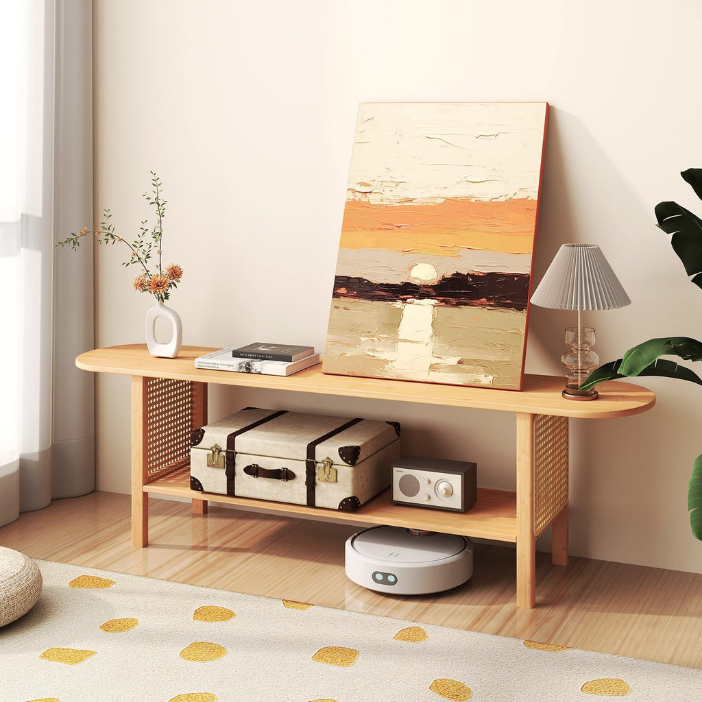 Bamboo TV Stand with Storage for TVs up to 65", Modern Entertainment Center with Rattan Side, Accent TV Table with 2