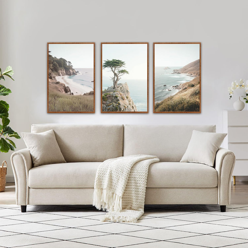 Coastal Seascape Framed Canvas Wall Art, Modern Beach Wall Decor, Neutral Pine Tree Painting, Natural Ocean Artwork