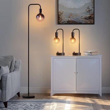Industrial Lamp Set 3 Piece-1 Floor Lamp and 2 Dimmable Table Lamp- 3 Pack Modern Matching Floor and Table Lamp with