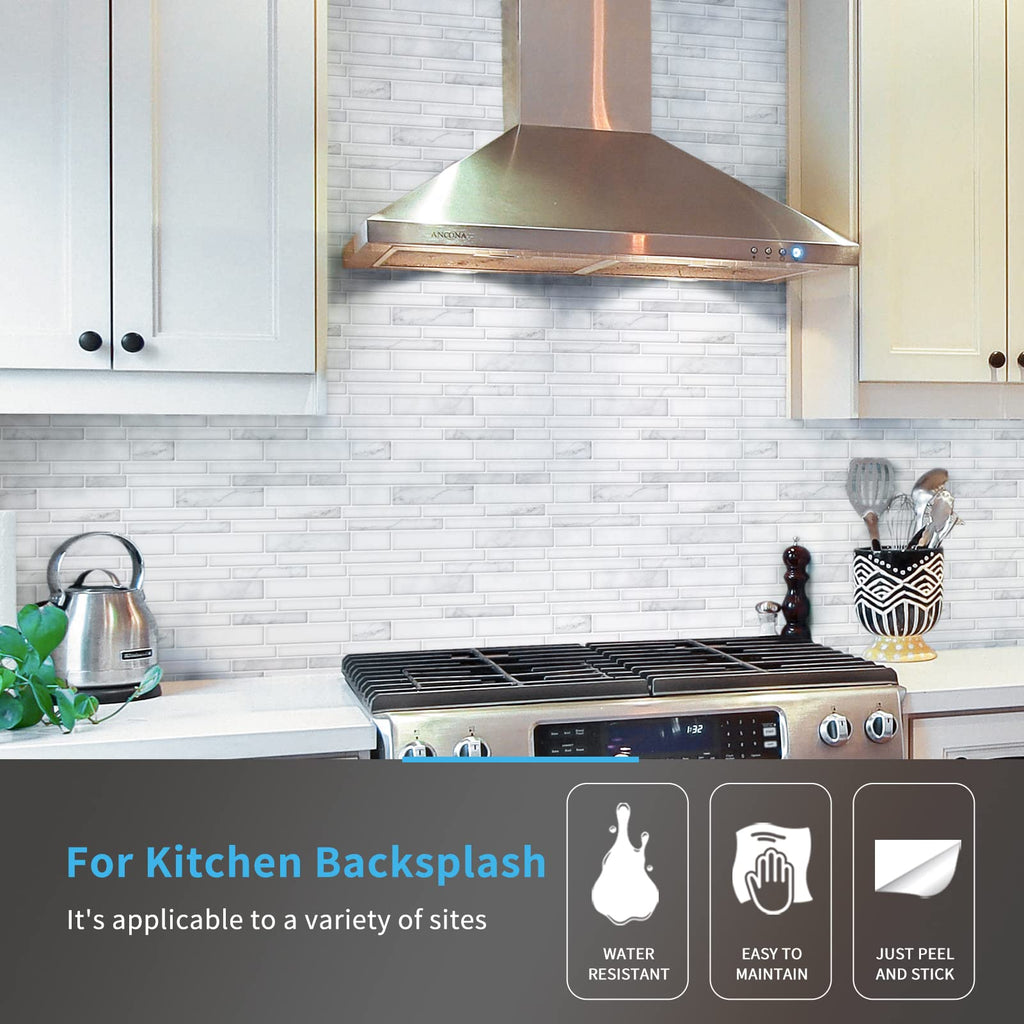 Stone Peel and Stick Backsplash, 10-Sheet, 12" x 12", White Marble