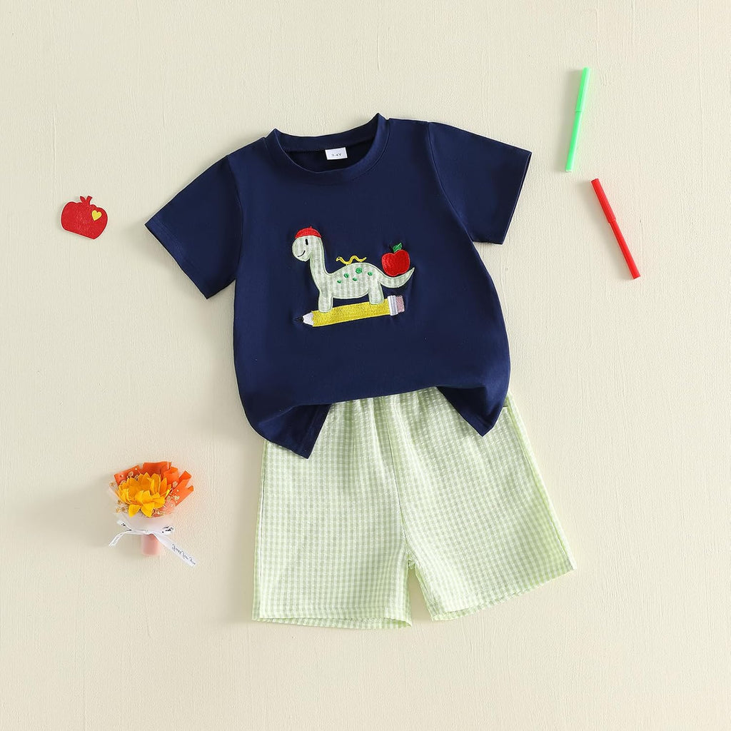Kids Toddler Boy Back to School Outfit Short Sleeve Embroidery T Shirt Plaid Shorts Set First Day of School Clothes