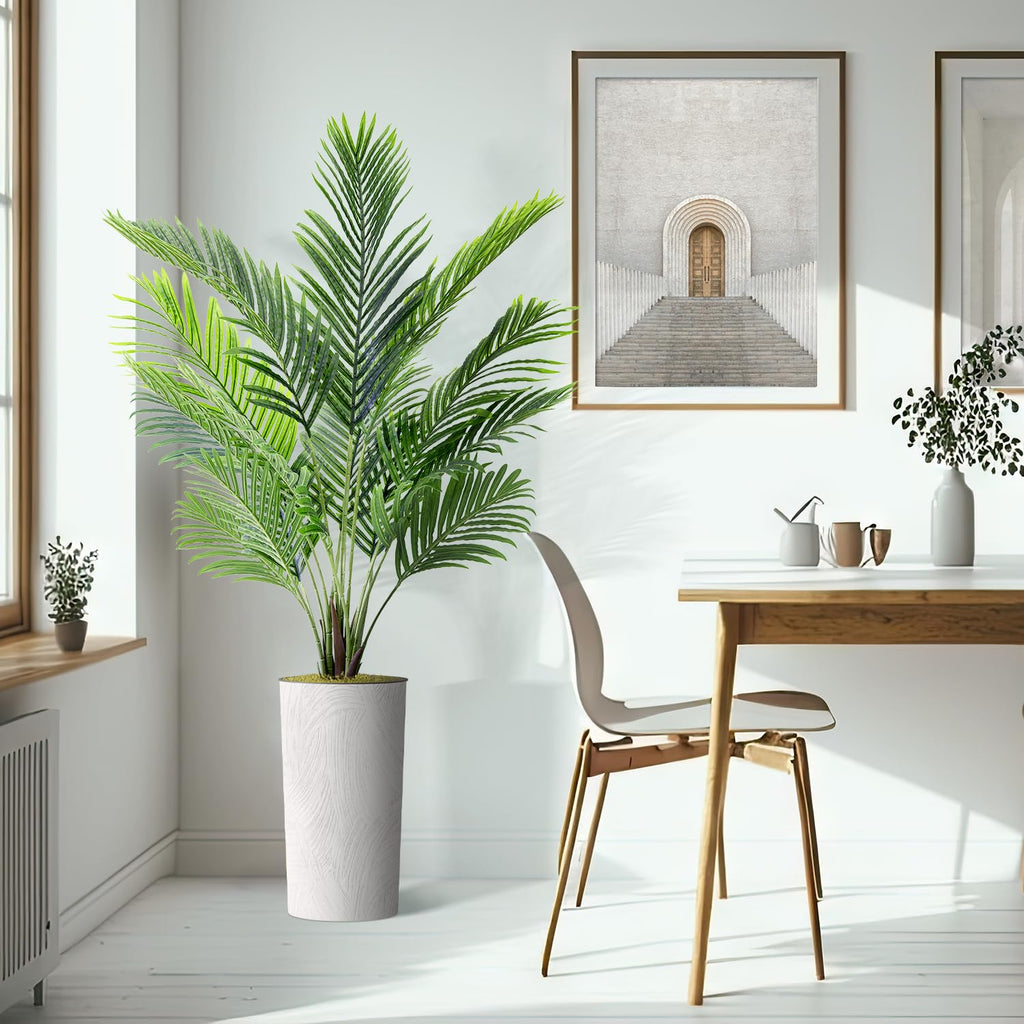 Artificial Tree in White Marble Effect Planter, Fake Areca Tropical Palm Silk Tree for Indoor and Outdoor Home