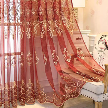 1 Pair European Jacquard Sheer Curtains for Living Room Bedroom Luxury Embroidered Tulle Curtains (Red,52x96 Inch)