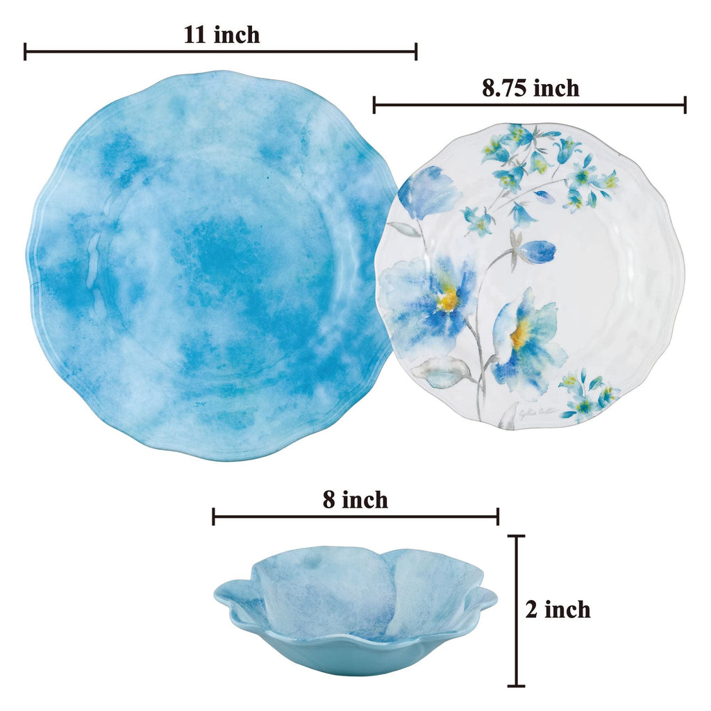 12 Piece Campanula Melamine Dinnerware Sets, Outdoor Dishes Set, Plates and Bowls Sets, Service for 4, Sky Blue