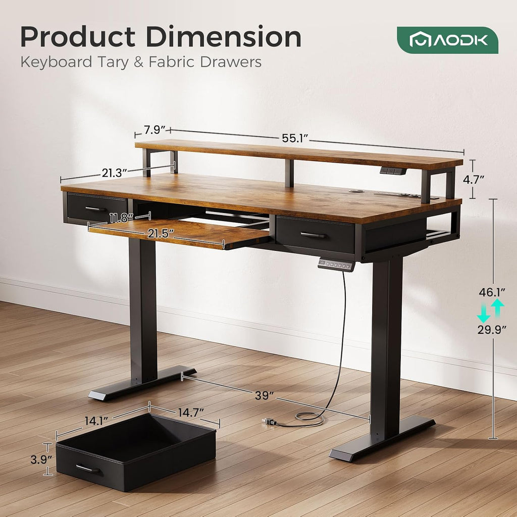55 Inch Standing Desk with Drawers & Keyboard Tray, Rustic Brown | Power Outlet, LED Lights, Monitor Stand, Cable
