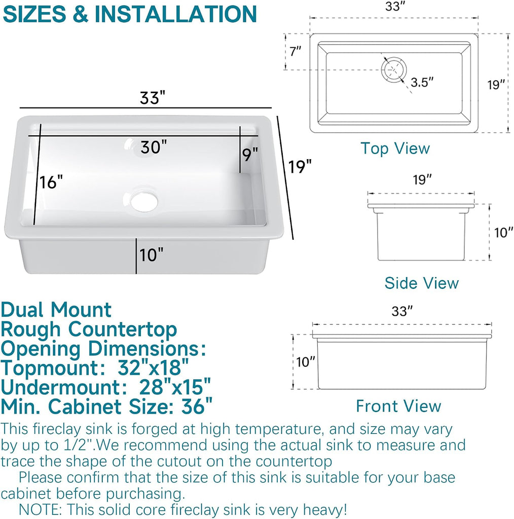 33" x 19" Undermount or Drop In Workstation Kitchen Sink White | Workstation & Island, Fireclay single bowl, Dual