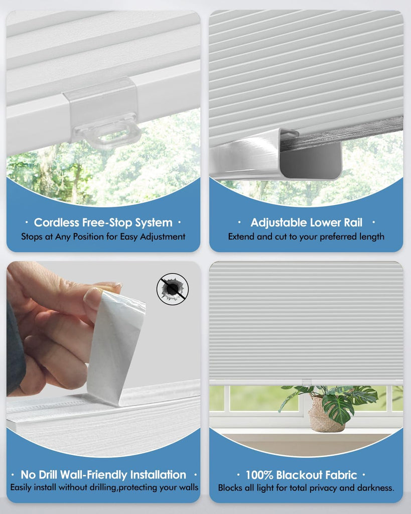 No Drill Cellular Shades, Trim-to-Fit Blackout Cordless Honeycomb Blinds | Easy Install Window Shades, Thermal