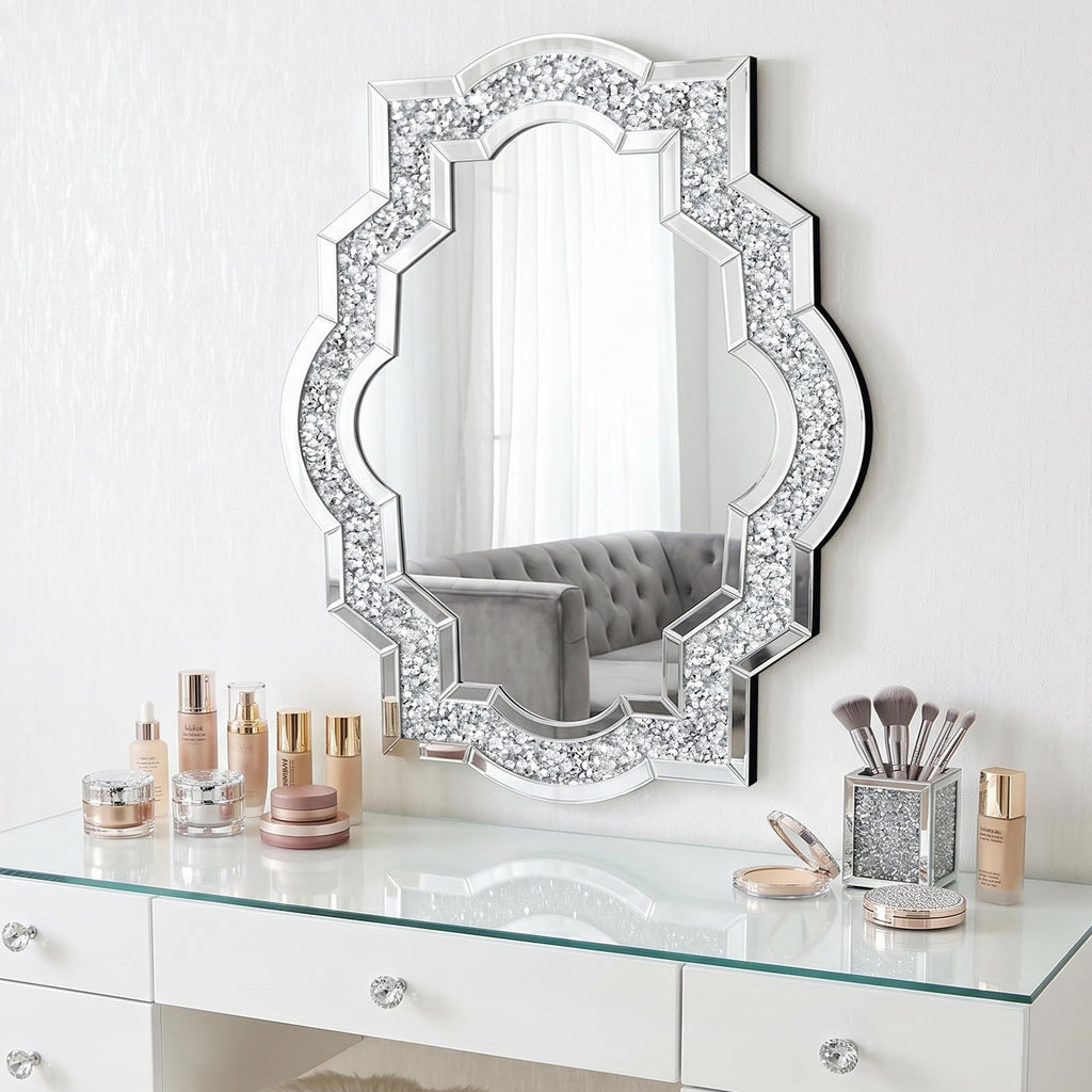 27.5" x 35.4" Ornate Crushed Diamond Wall Mirror, Silver Decorative Mirror, Modern Glam Wall Mounted Mirror Home Decor