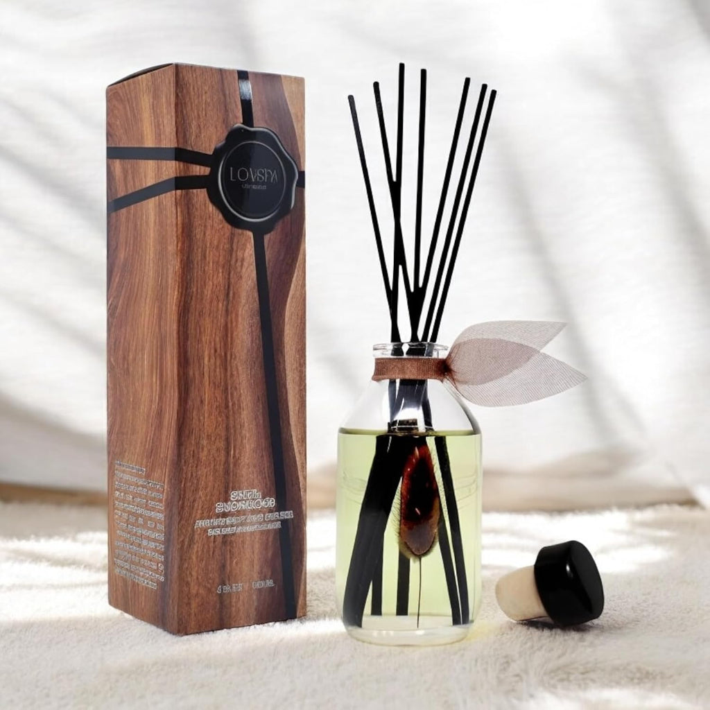 Reed Diffuser Set, Santal (Sandalwood) Scented Oil Diffuser with Sticks, Home Fragrance Accessories Shelf Decor