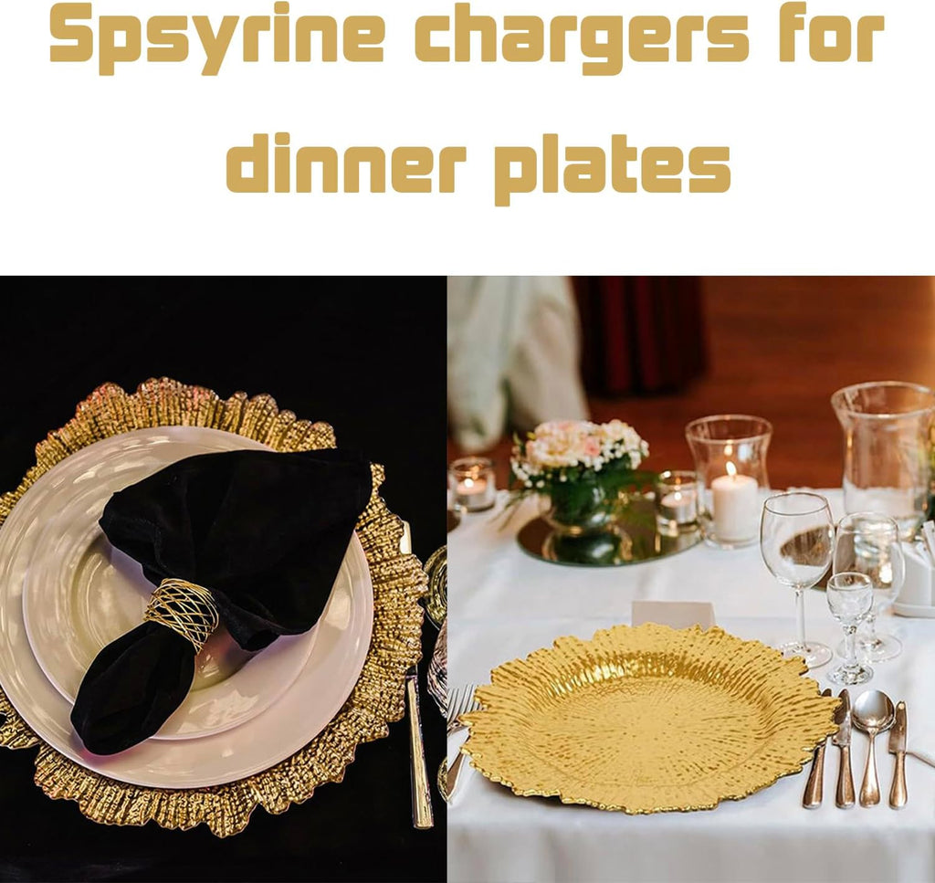 Gold Charger Plate 13 in Round Matte Reef Plate Charger Ruffled Rim Dinner Charger Hollow out Flower Holde (12) - Set of 12