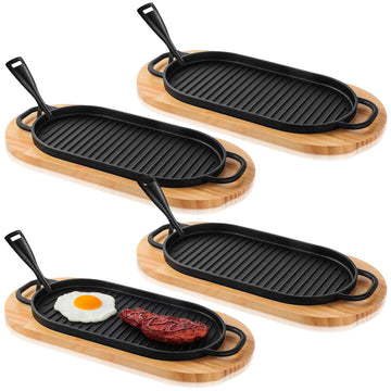 4 Sets Oval Cast Iron Fajita Skillet Pan Set, 12 x 6.3 Inch