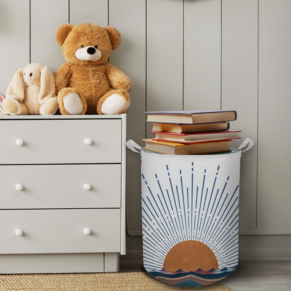 Boho Laundry Basket, Mid Century Modern Boho Terracotta Sun Sea Wave Waterproof Collapsible Laundry Hamper Dirty