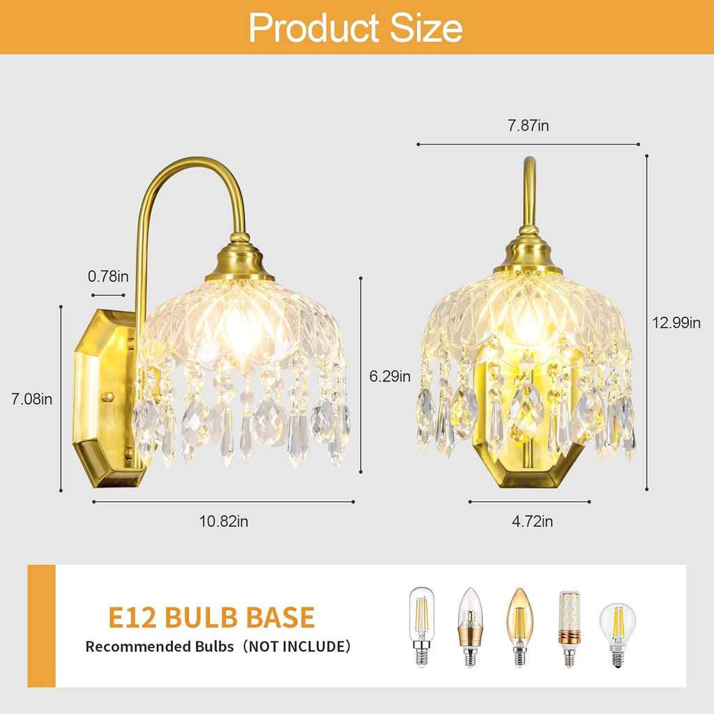 2-Pack Vintage Wall Sconce,Glass Crystal Wall Sconce,Matte Brushed Antique Brass Finish Set of Two for Bedroom