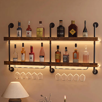 Wall Mounted Wine Rack with LED Lights, 55.1" W | 2-Tier Industrial Metal, Hanging Liquor & Wine Glass Rack, Display