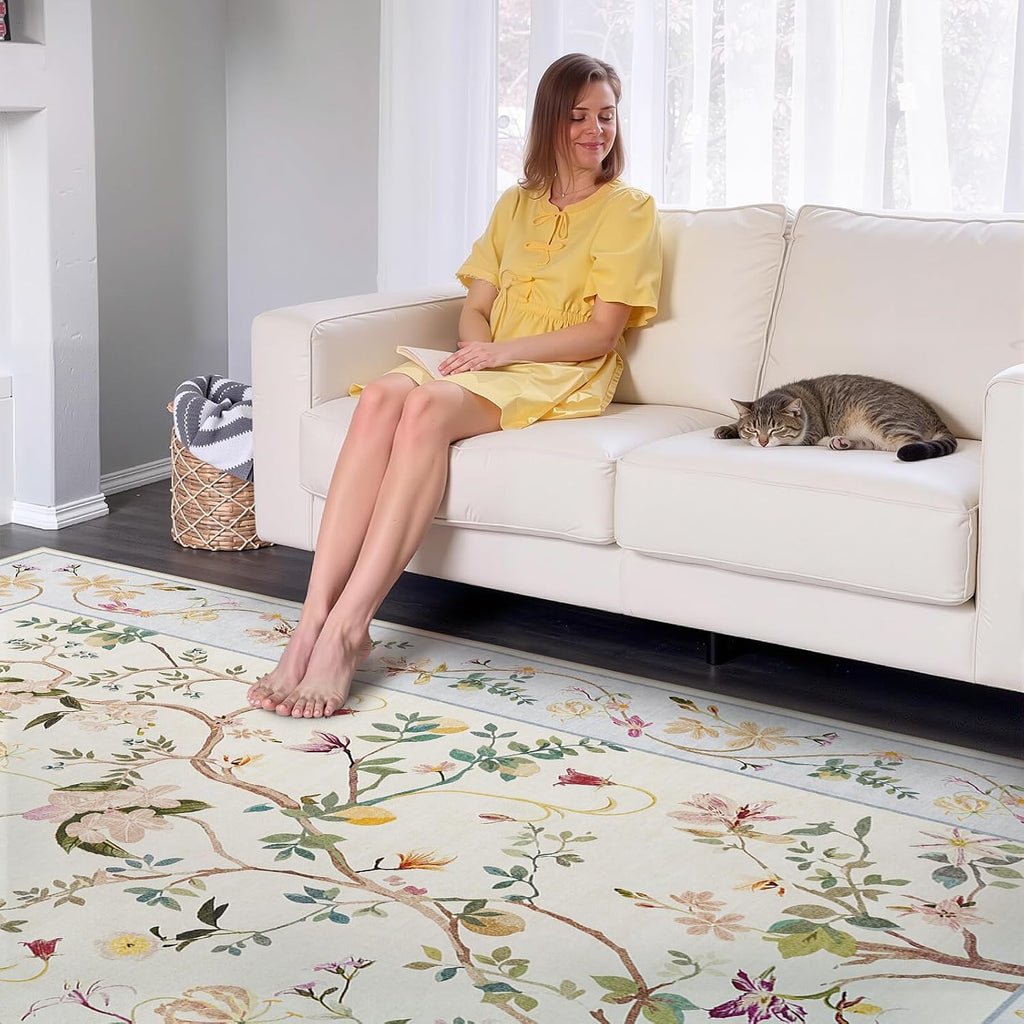 2x3 Washable Entryway Area Rug, Soft Floral Non-Slip, Beige/Blue