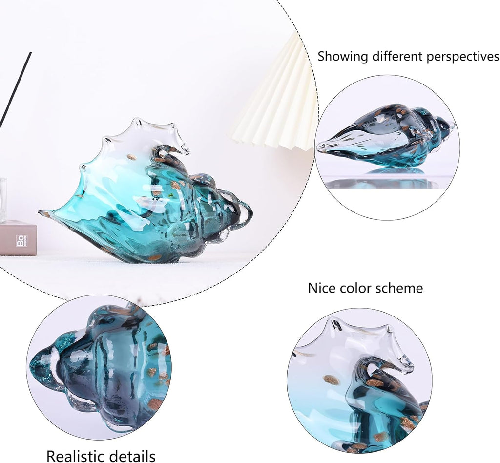 Sea Glass Art Figurines Hand Blown Conch Shell Sculpture, Coastal Art Decor