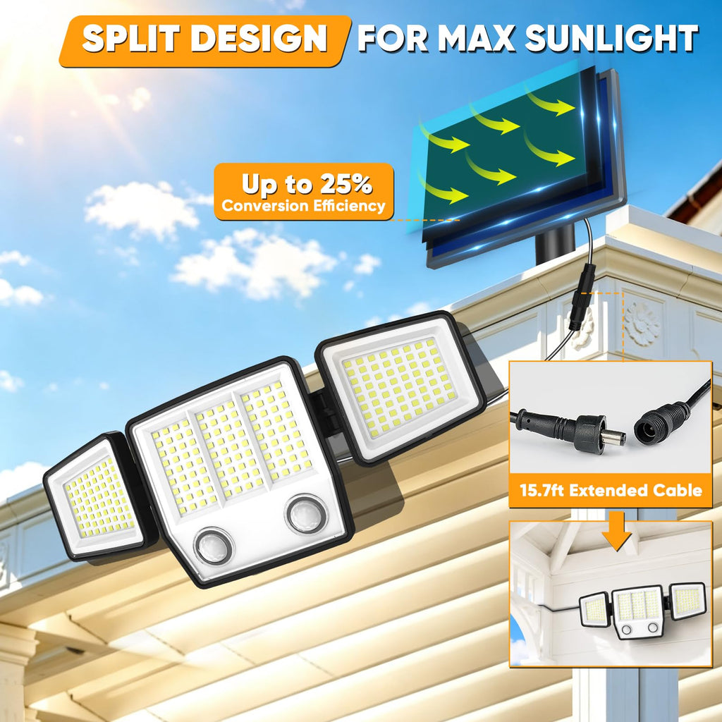 Split Solar Lights Outdoor Waterproof with Dual Motion Sensors - 15.7ft Cable Solar Security Light for Garden