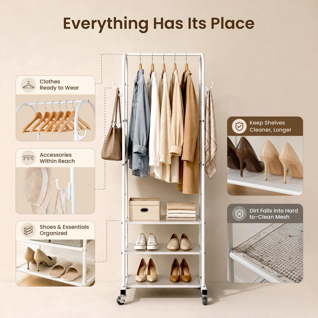 Small Clothes Rack with 3-Tier Mesh Shelves & 8 Hooks, White