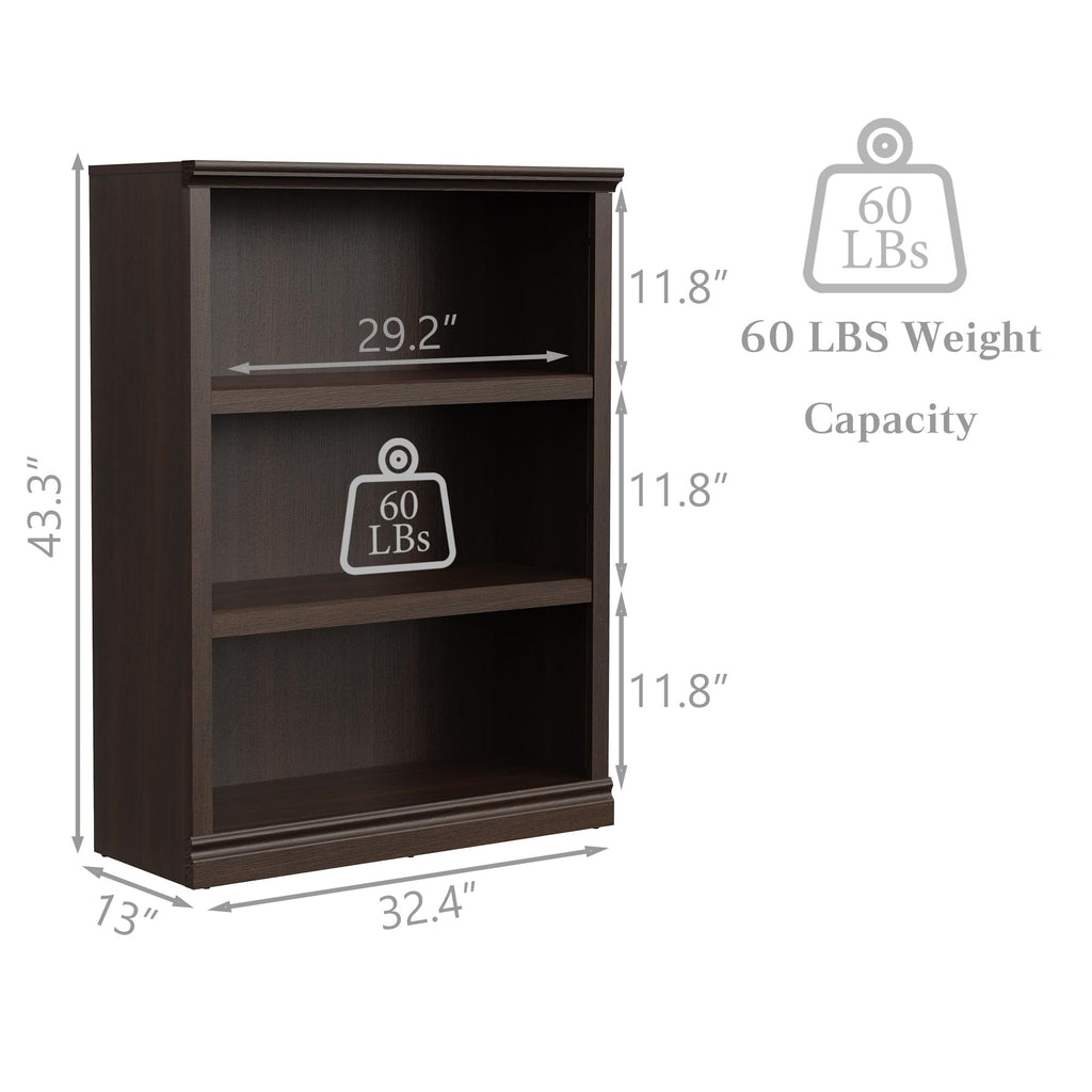 43 Inch Tall Dark Cherry Bookcase, 3 Tiers Bookshelf Open Storage