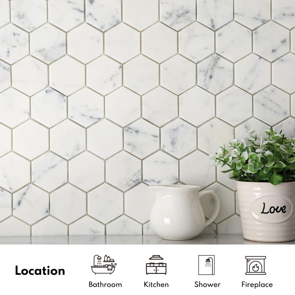 2 Inch Hexagon White Marble Mosaic Tile, Stone Tile Backsplash Bathroom Shower Wall Floor, Contempo Blue (5 Sheet