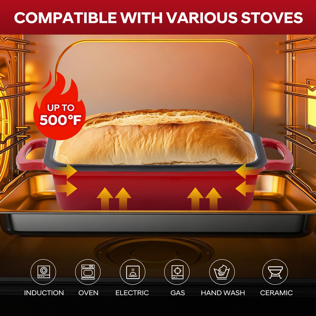 Cast Iron Loaf Pan with Lid 10x5 Inch Enameled Bread Loaf Pan for Sourdough, 2 Piece Set, Red