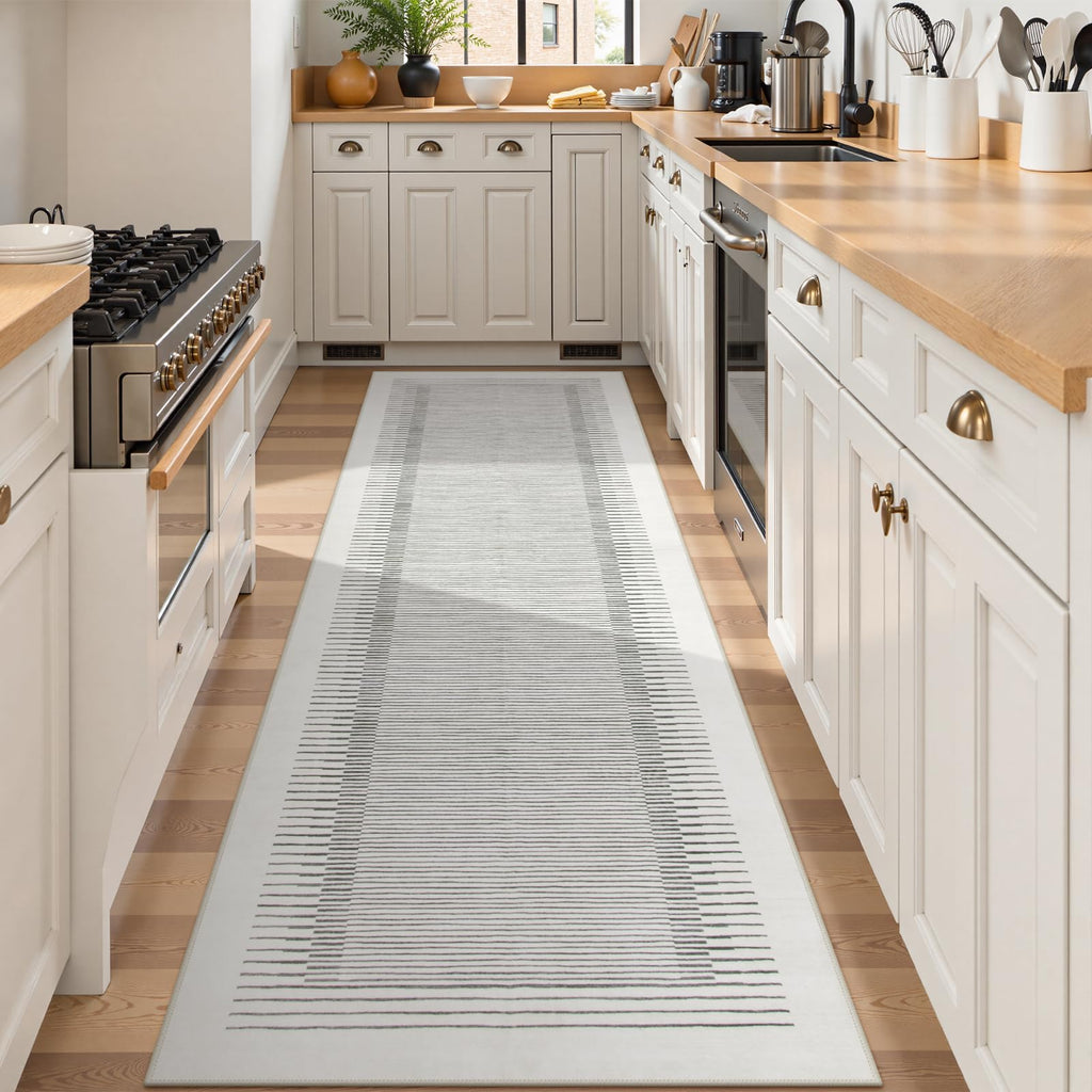 Modern White 2.5x8 Hallway Runner Rug, Berber Striped Kitchen Rugs Non Slip Washable Runner Rug, Soft Low Pile Indoor